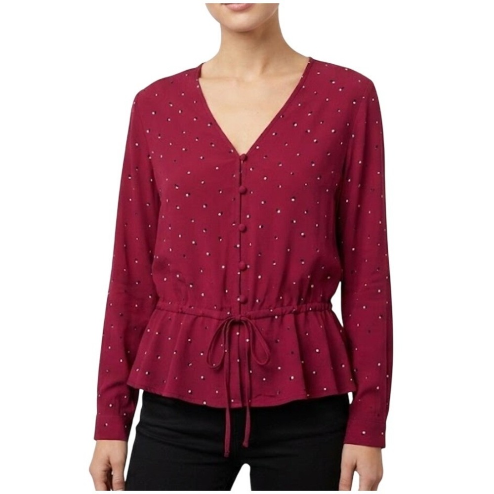 RAILS Polka Dot Peplum Button Down Tie Front Blouse Berry Red‎ Women XS